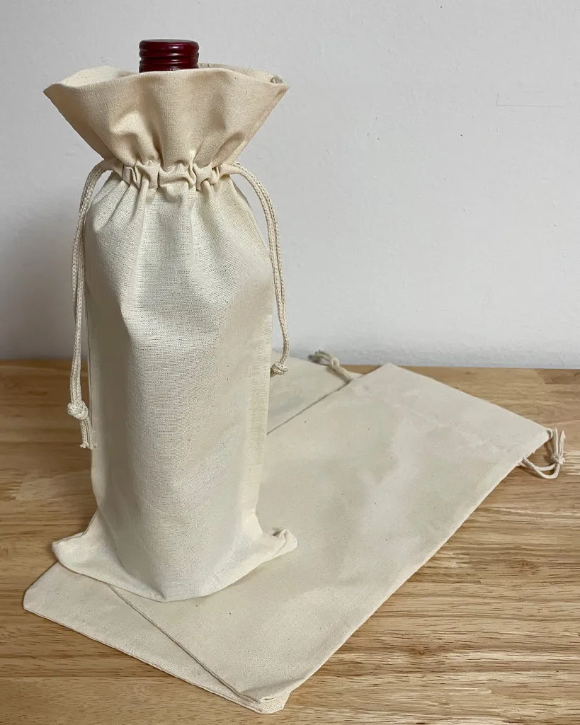 12 ct Cotton-Jute Natural Wine Bags with Drawstrings Closure - Single Bottle - By Dozen