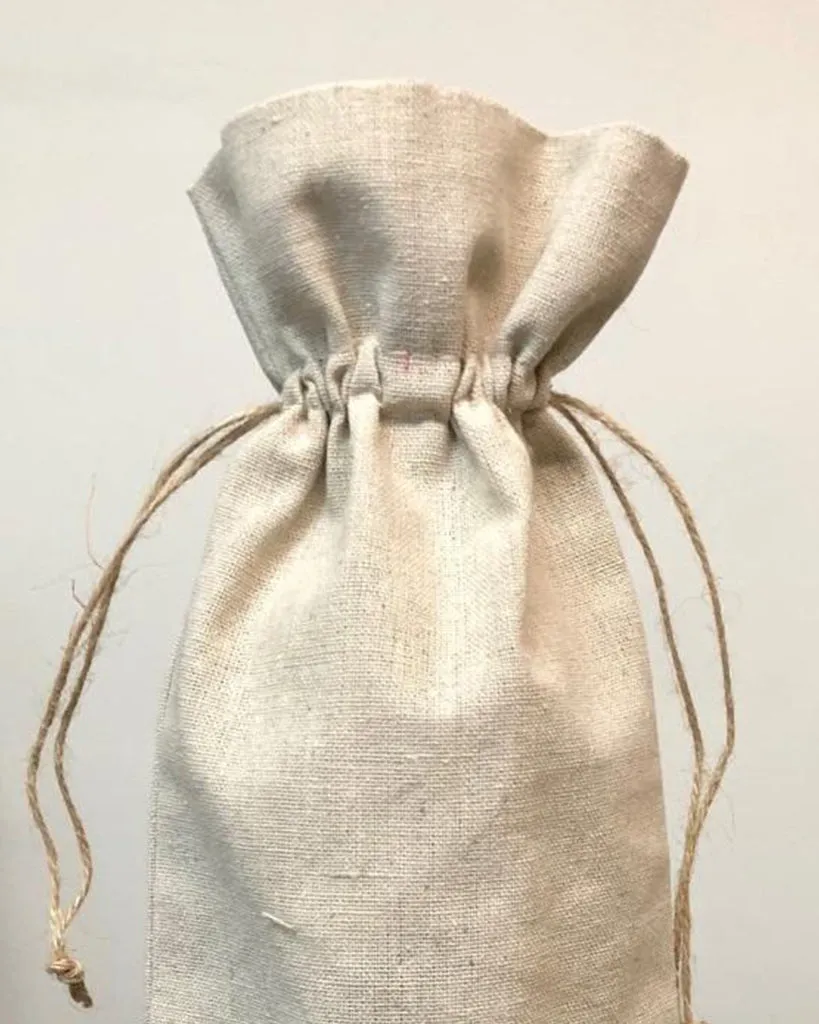 12 ct Cotton-Jute Natural Wine Bags with Drawstrings Closure - Single Bottle - By Dozen