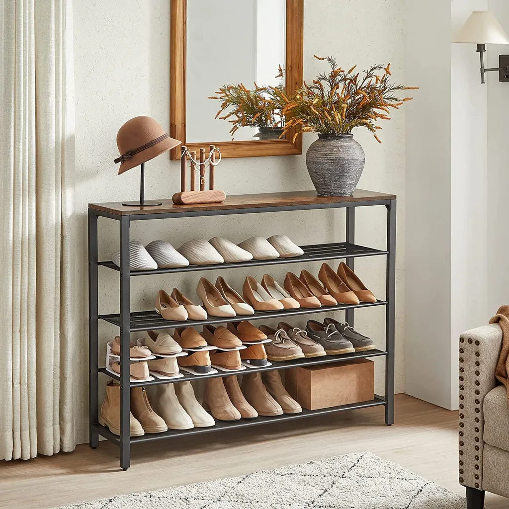 4 Shelf Industrial Shoe Rack Organizer, Brown & Black - VASAGLE