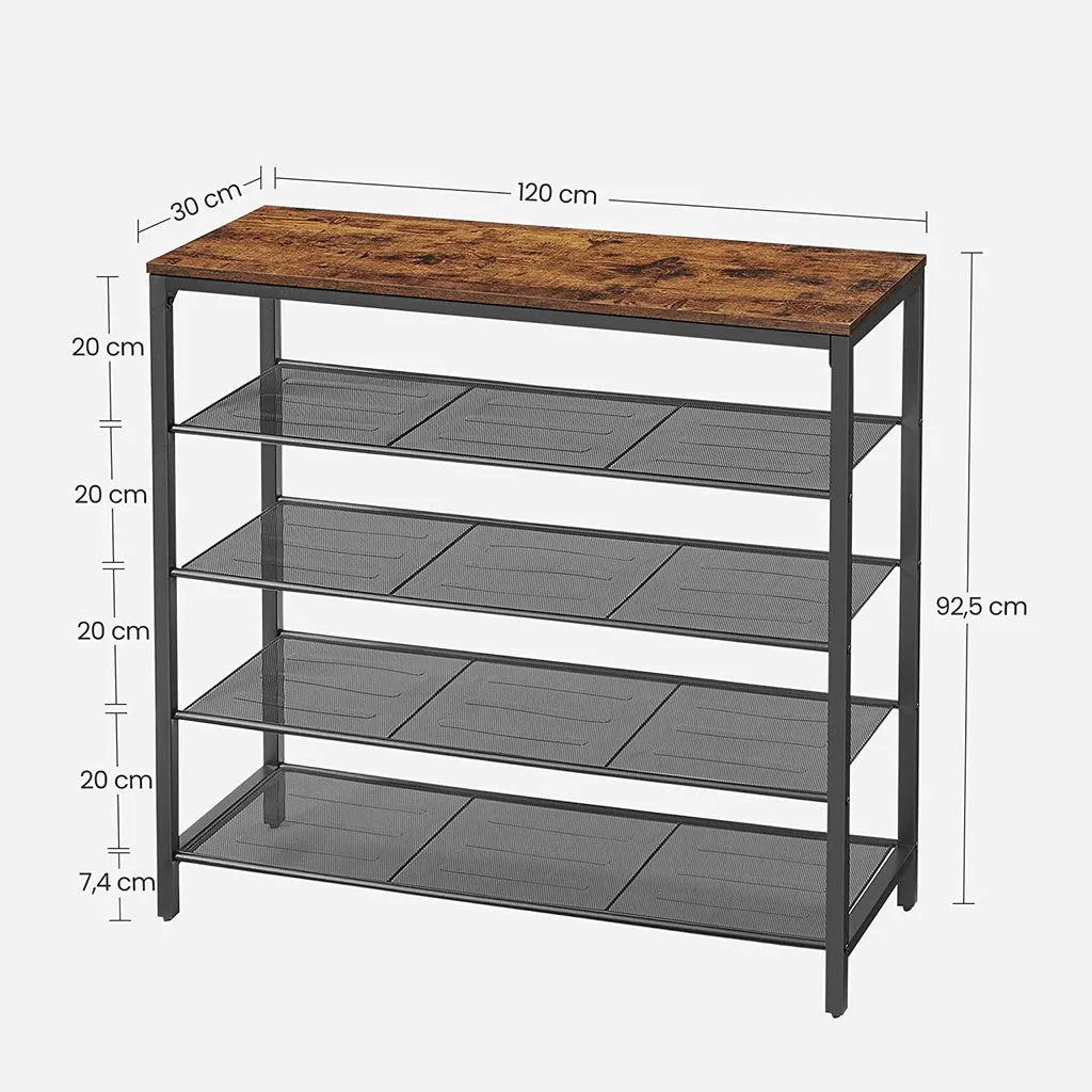 4 Shelf Industrial Shoe Rack Organizer, Brown & Black - VASAGLE