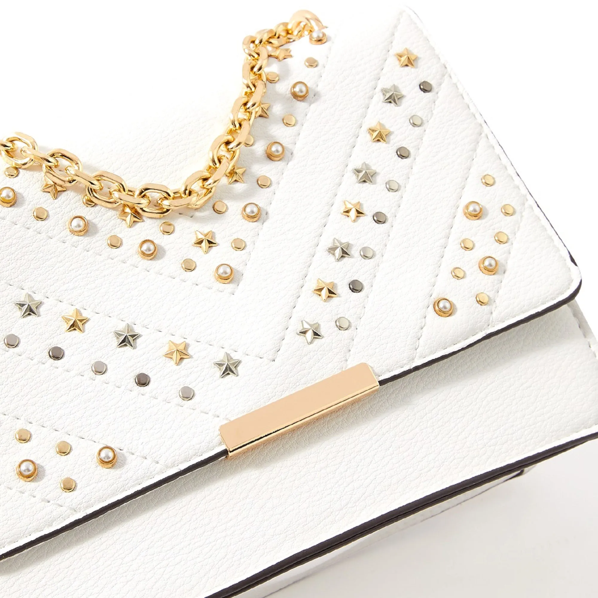 Accessorize London women's Faux Leather White Studded Shoulder Sling bag