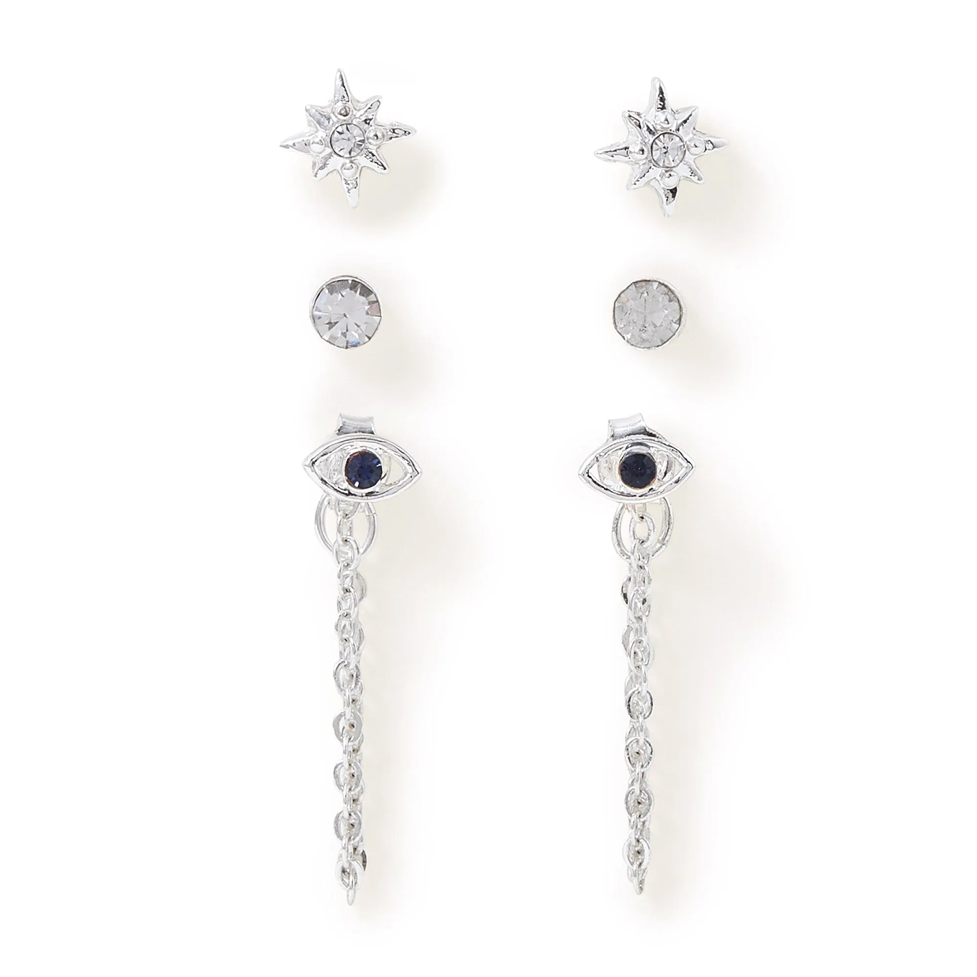 Accessorize London Women's Silver Set Of 3 Evil Eye Stud Earring Pack