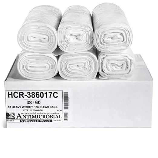 Aluf Plastics HCR-386017C High Density Star Sealed Coreless Roll Bags, 60 gal, Polyethylene, 38" x 60", Clear (Pack of 200)