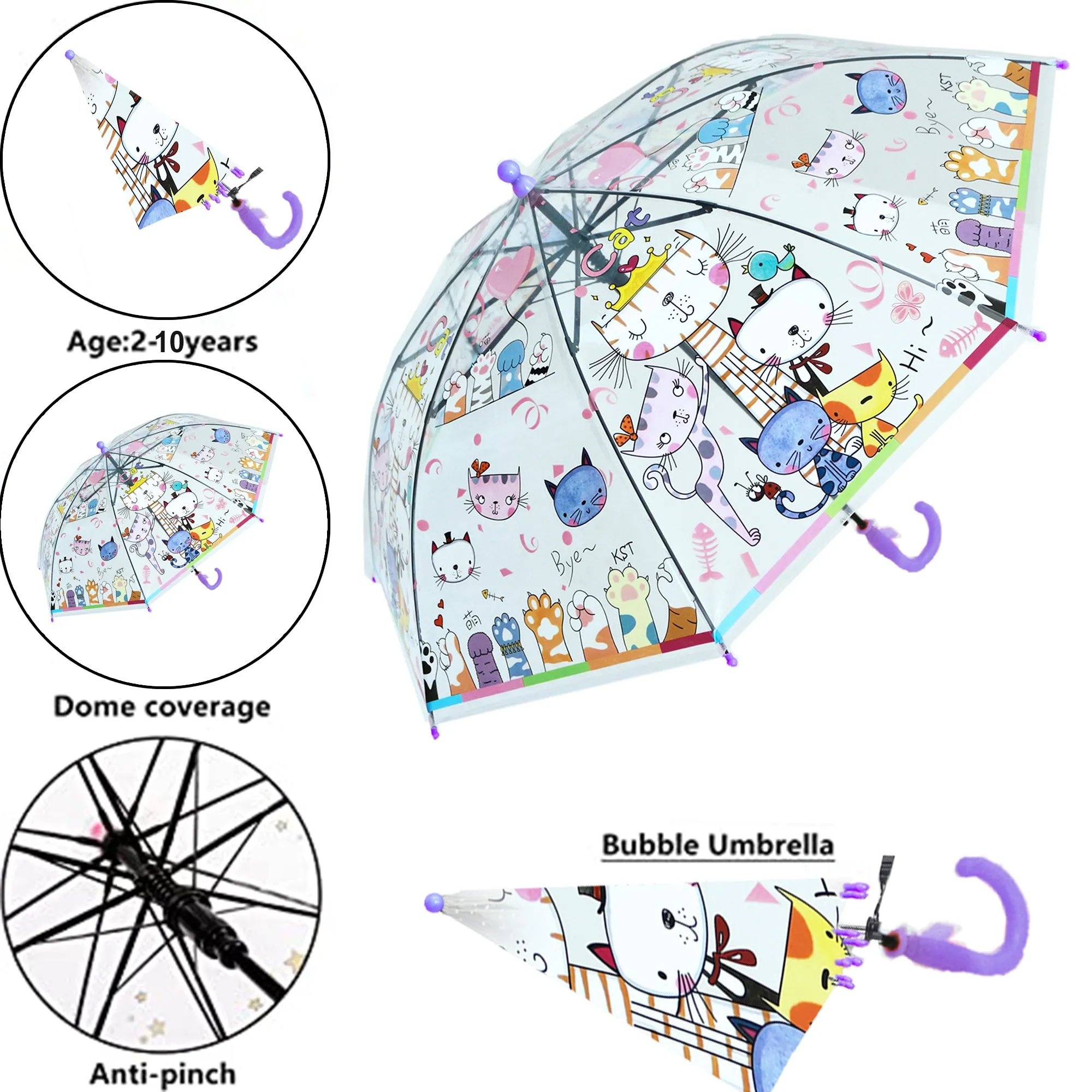 Babymoon Cat Designer Transparent Automatic Kids Umbrella 2 To 10 Y | Purple