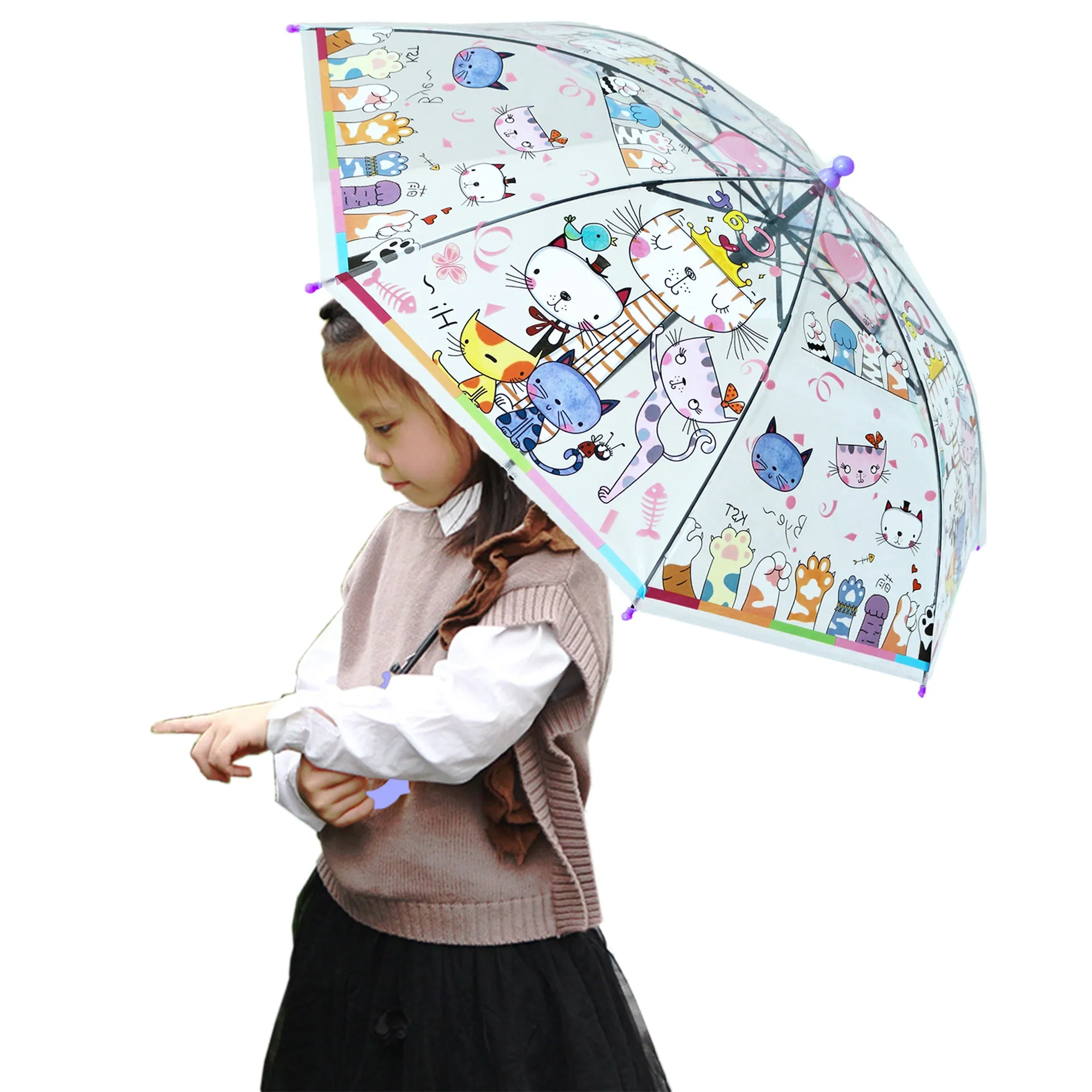 Babymoon Cat Designer Transparent Automatic Kids Umbrella 2 To 10 Y | Purple