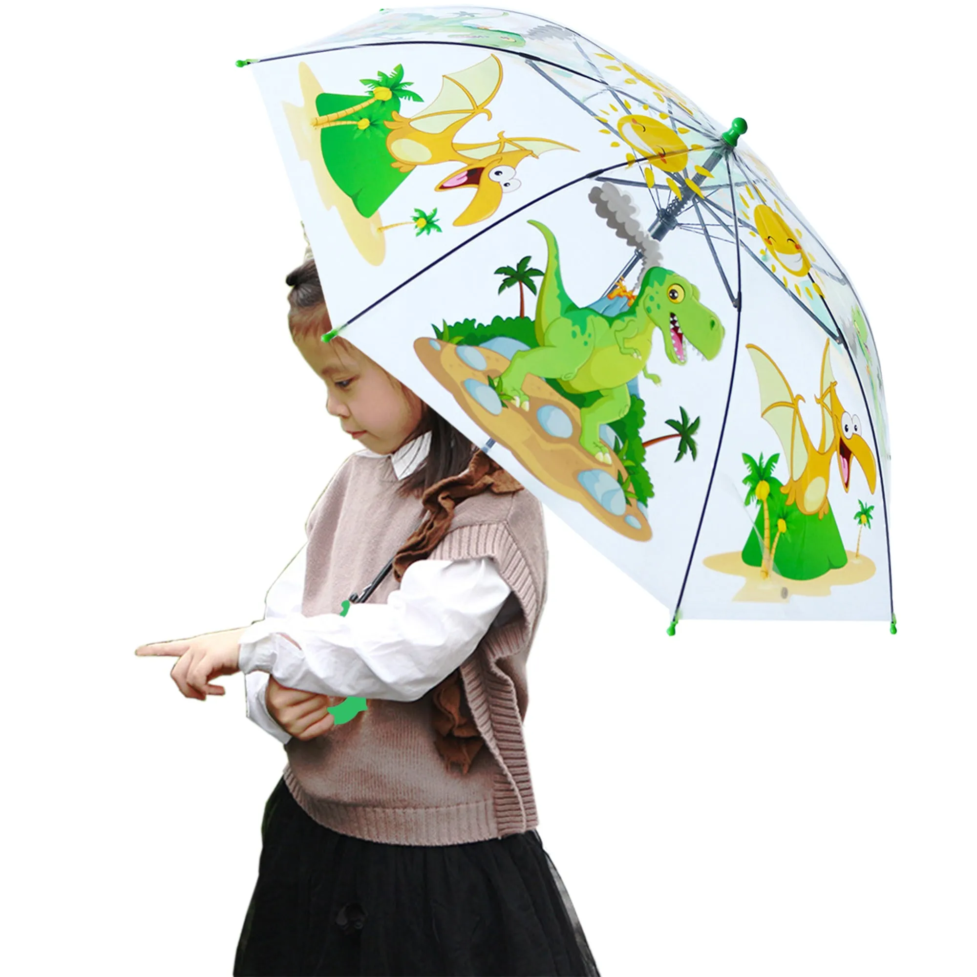 Babymoon Dinosaur Designer Transparent Automatic Kids Umbrella 2 To 10 Y | Green