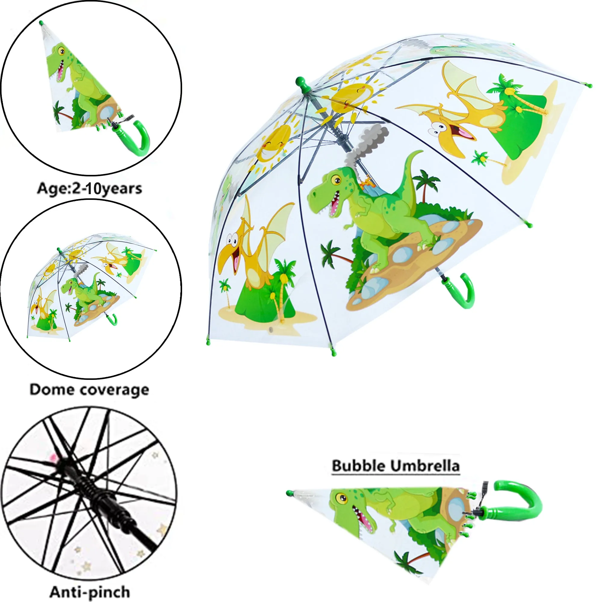 Babymoon Dinosaur Designer Transparent Automatic Kids Umbrella 2 To 10 Y | Green