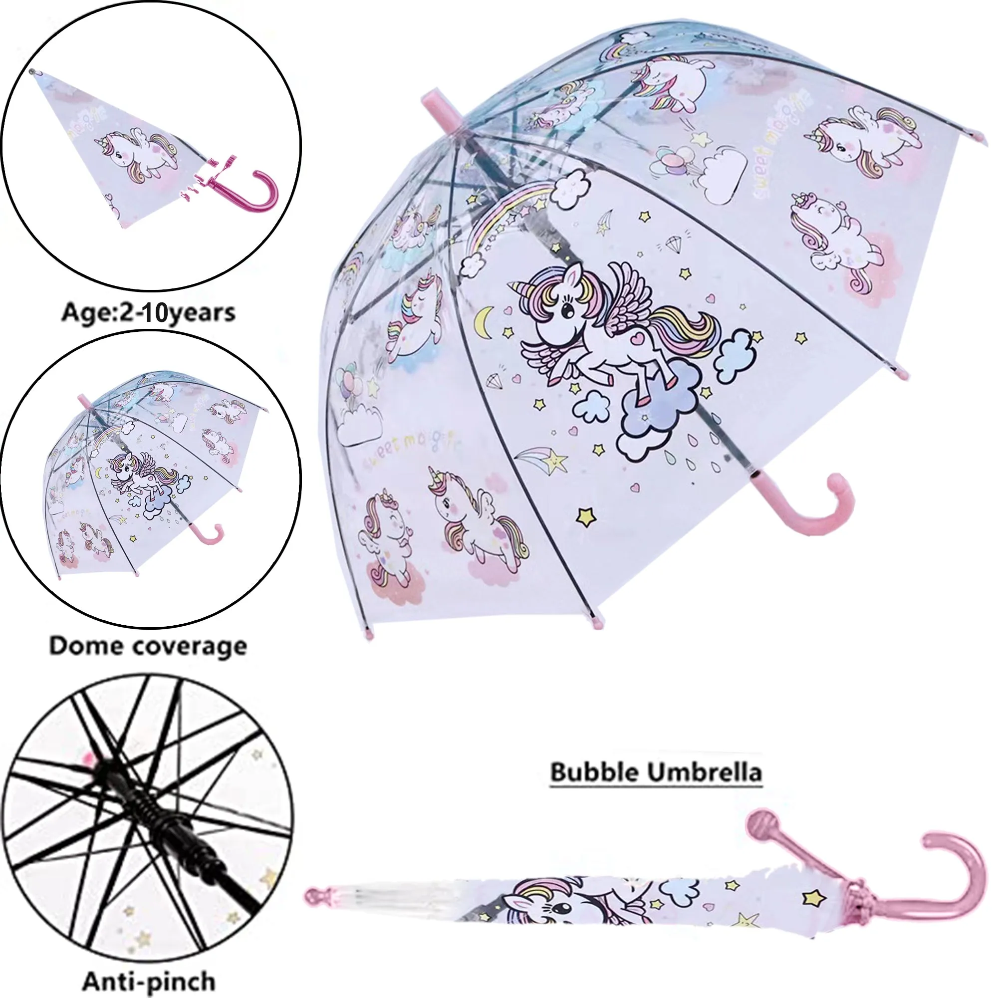 Babymoon Unicorn Designer Transparent Automatic Kids Umbrella 2 To 10 Y | Pink