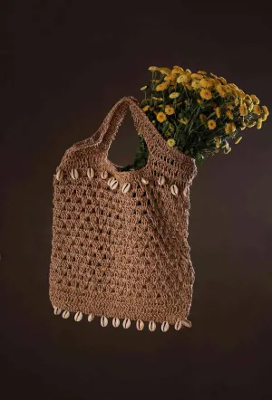 Beige Cowshell Jute Tote Bag