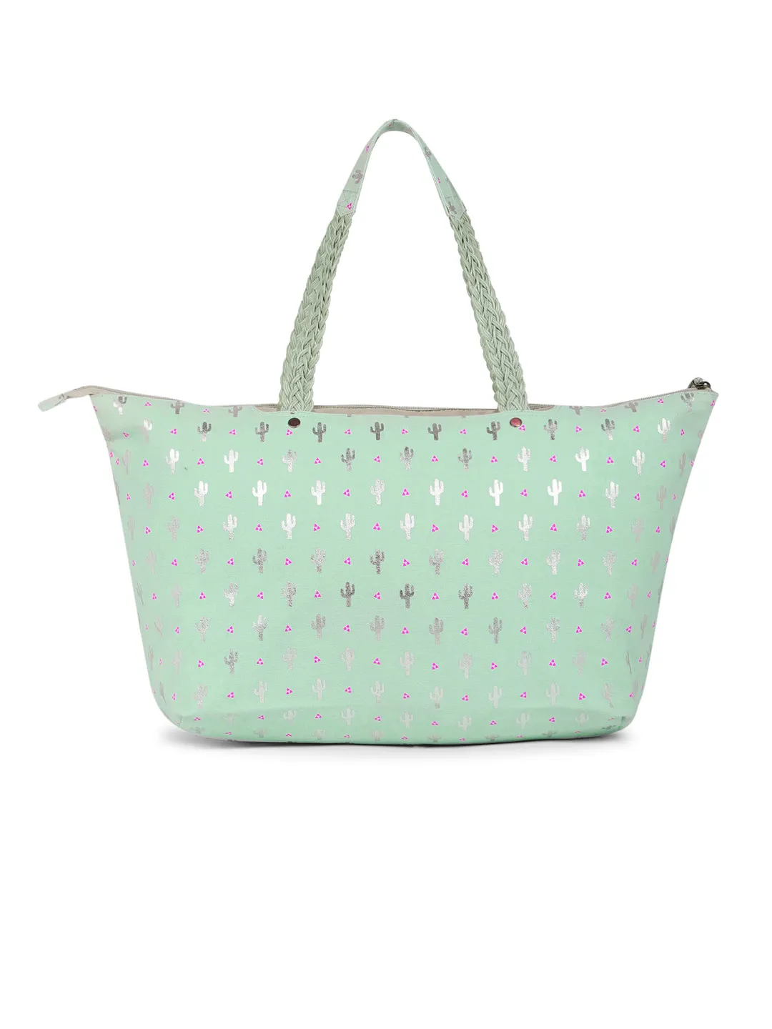 Berrylush Women Green Cactus Printed Canvas Zipper-Up Structured Oversized Tote Bag