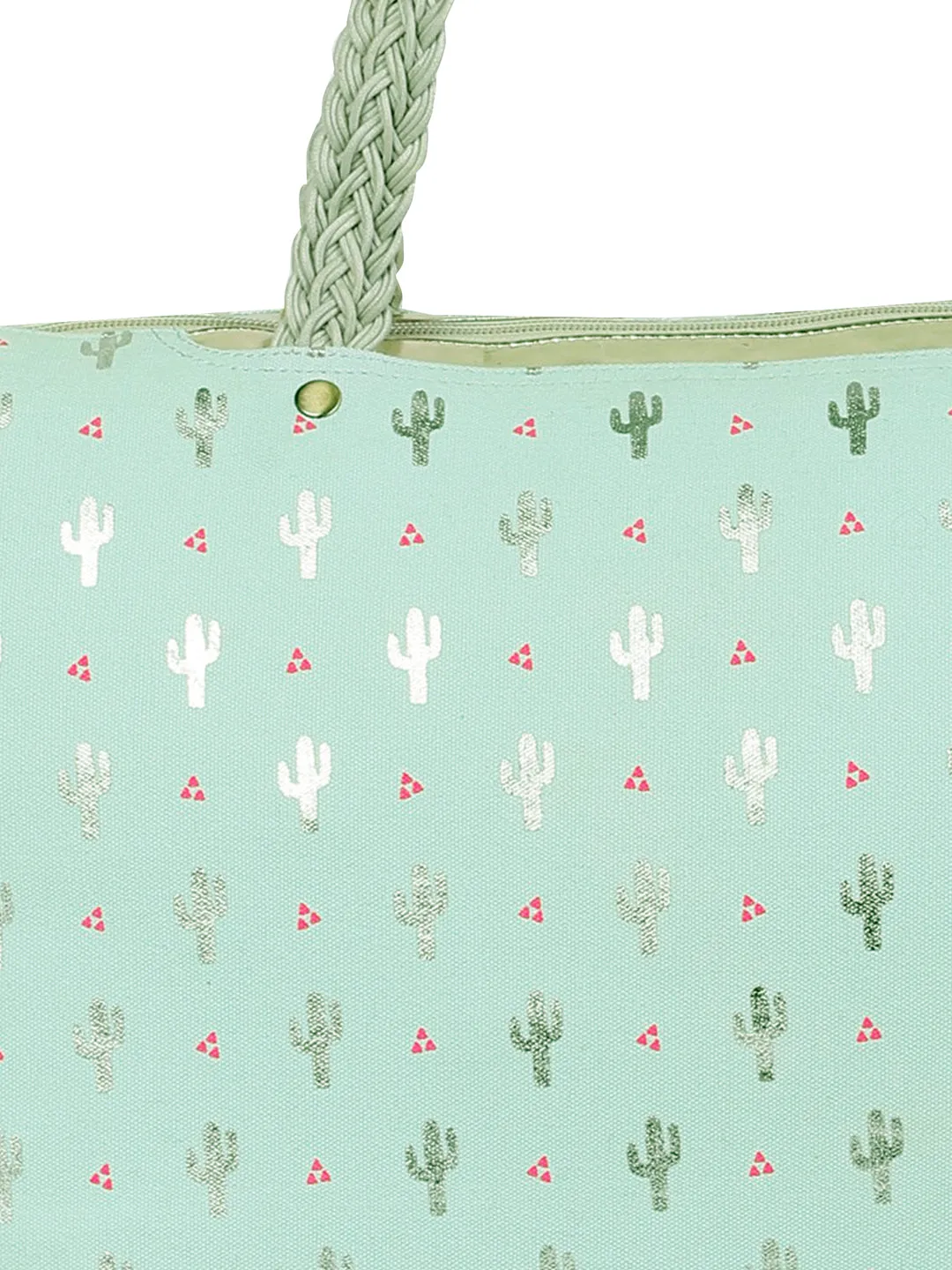 Berrylush Women Green Cactus Printed Canvas Zipper-Up Structured Oversized Tote Bag