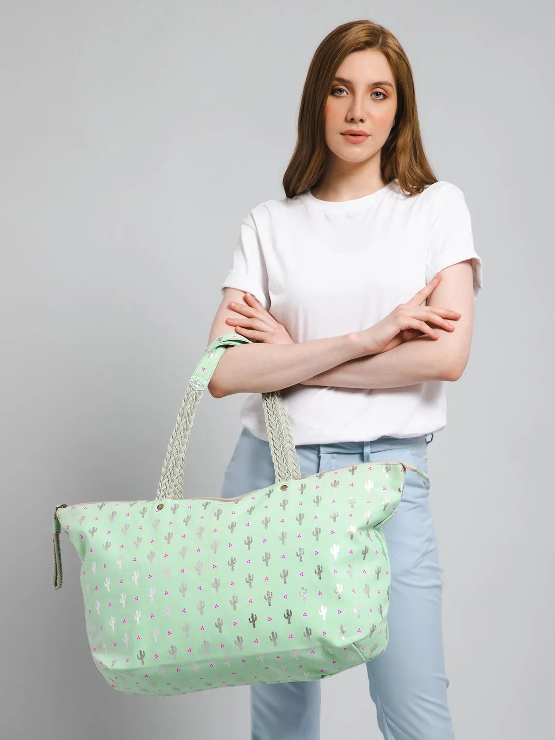 Berrylush Women Green Cactus Printed Canvas Zipper-Up Structured Oversized Tote Bag