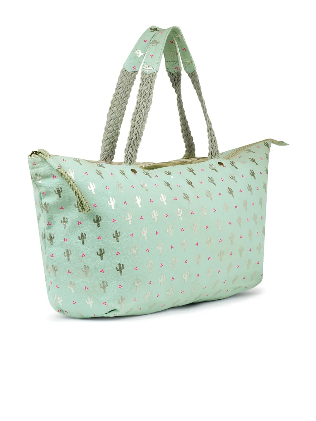 Berrylush Women Green Cactus Printed Canvas Zipper-Up Structured Oversized Tote Bag