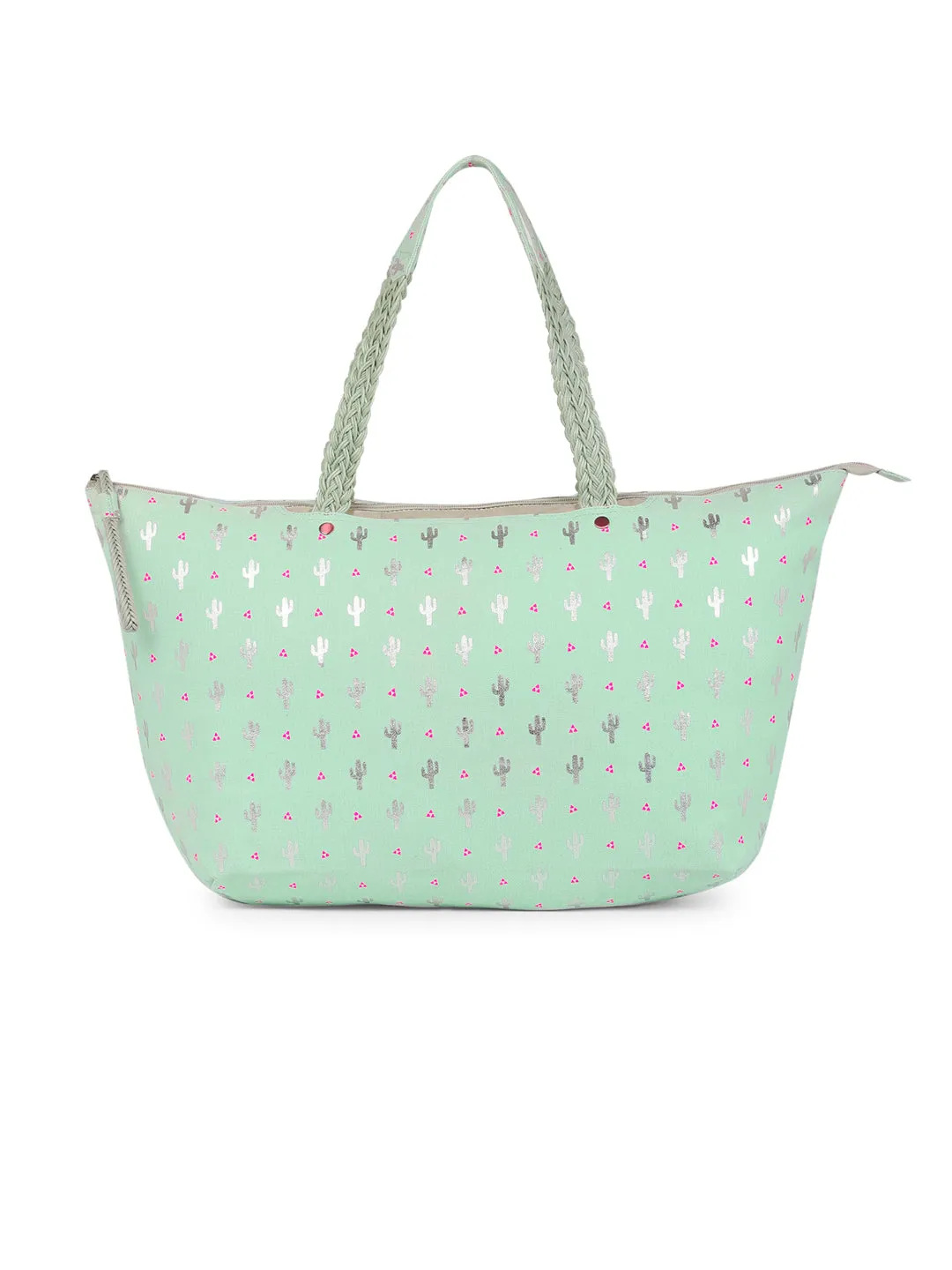 Berrylush Women Green Cactus Printed Canvas Zipper-Up Structured Oversized Tote Bag