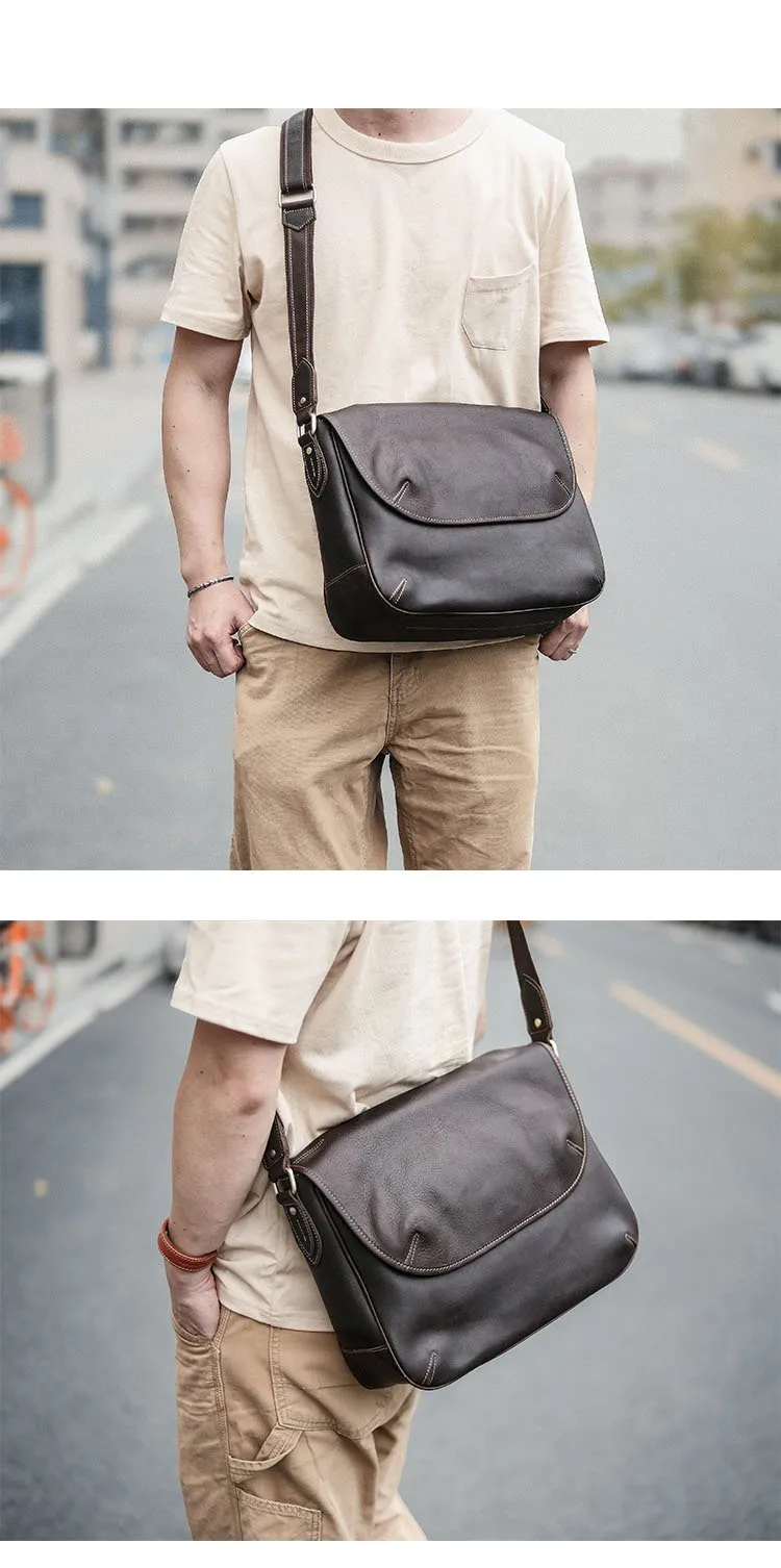 Black Leather Mens Casual 10'' Courier Bags Messenger Bags Dark Coffee Gray Postman Bag For Men