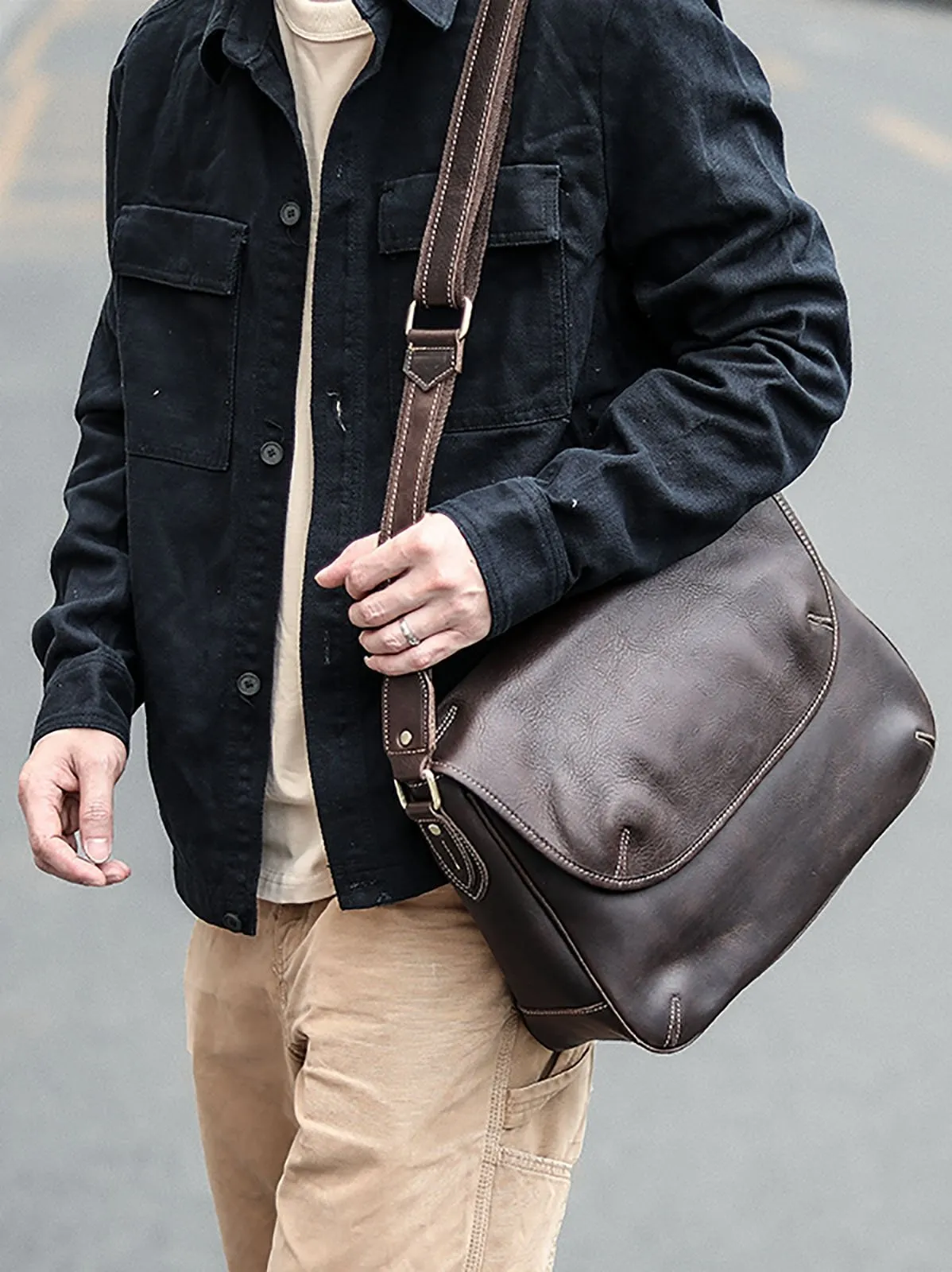 Black Leather Mens Casual 10'' Courier Bags Messenger Bags Dark Coffee Gray Postman Bag For Men