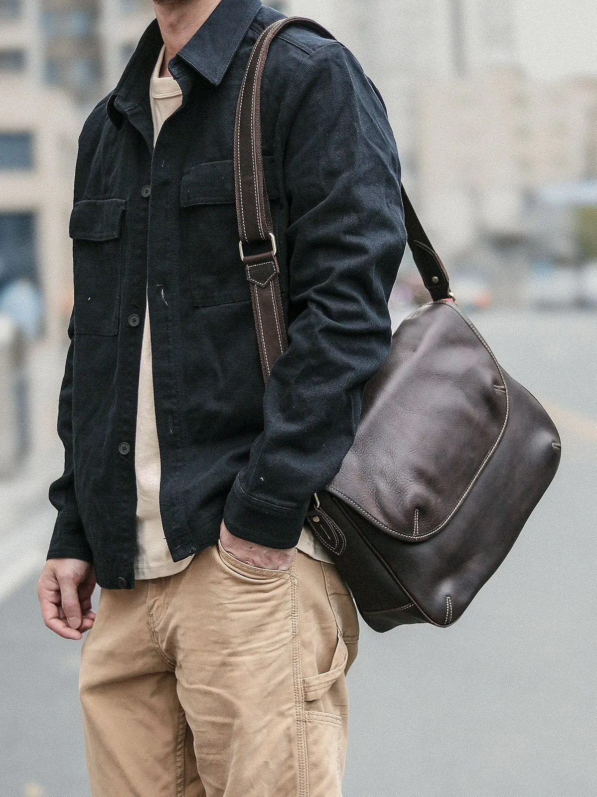 Black Leather Mens Casual 10'' Courier Bags Messenger Bags Dark Coffee Gray Postman Bag For Men