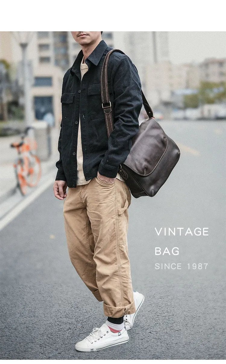 Black Leather Mens Casual 10'' Courier Bags Messenger Bags Dark Coffee Gray Postman Bag For Men