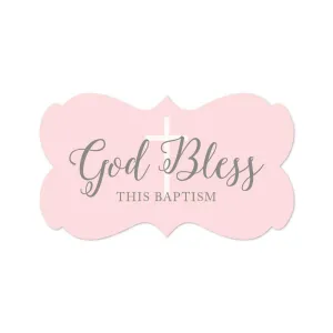 Blush Pink and Gray Baby Girl Baptism Fancy Frame Label Stickers, God Bless This Baptism