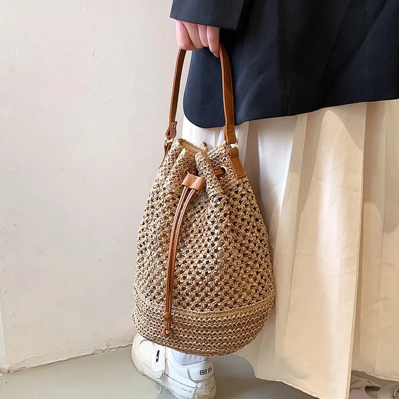 Bohemian Summer Vibe Drawstring Straw Bucket Handbags