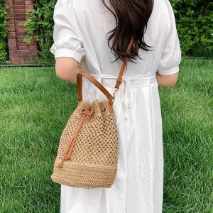 Bohemian Summer Vibe Drawstring Straw Bucket Handbags