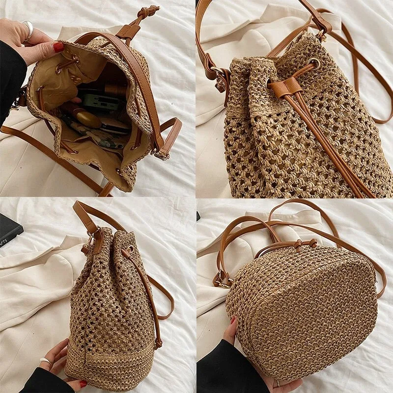 Bohemian Summer Vibe Drawstring Straw Bucket Handbags