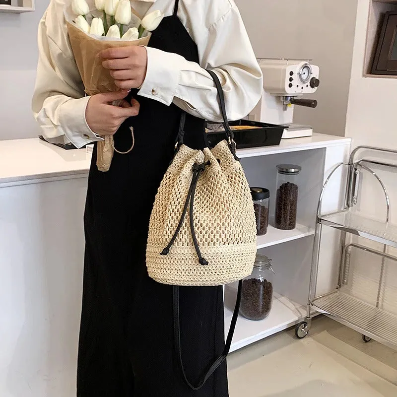 Bohemian Summer Vibe Drawstring Straw Bucket Handbags