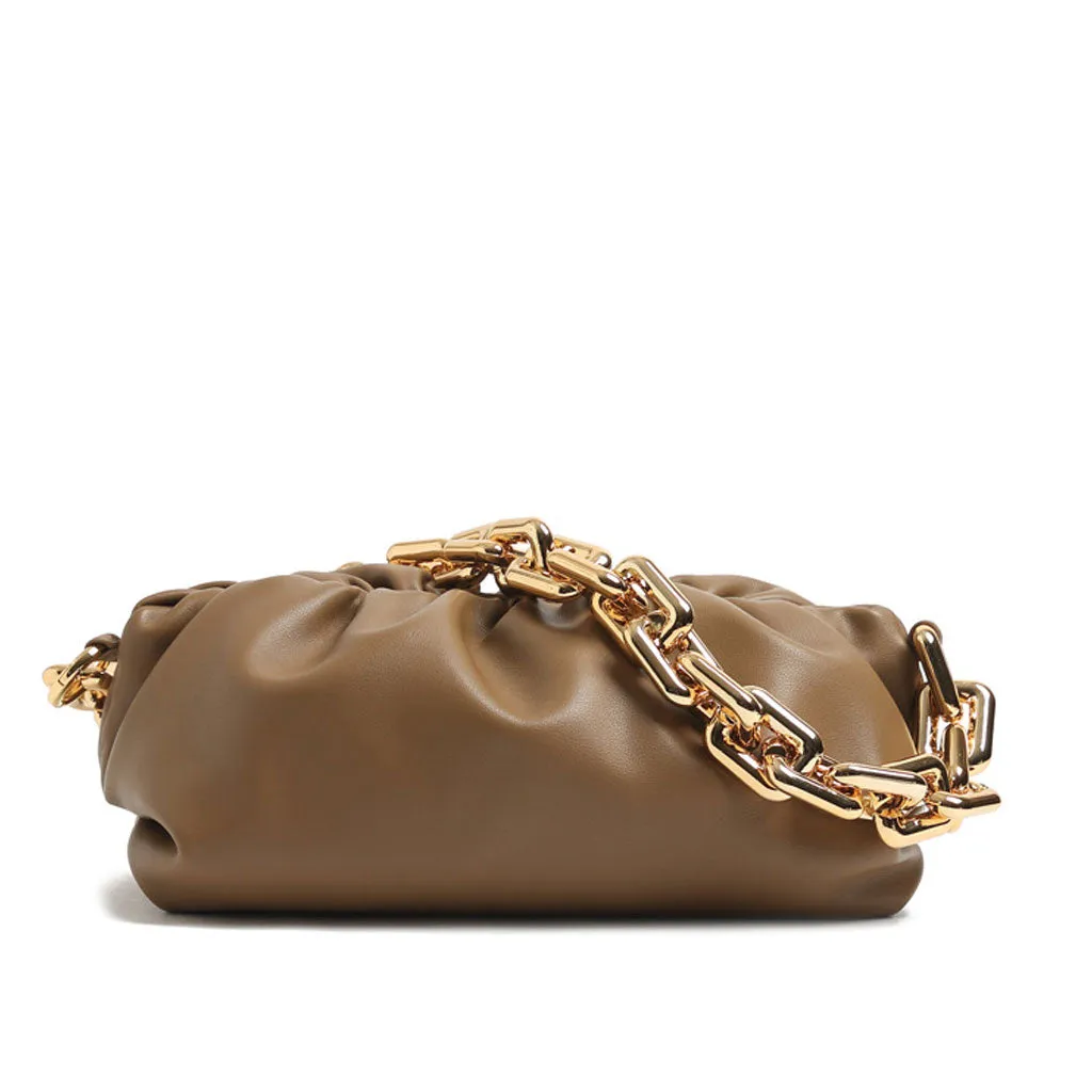 Chunky Chain Link Gathered Leather Cloud Clutch Bag - Coffee