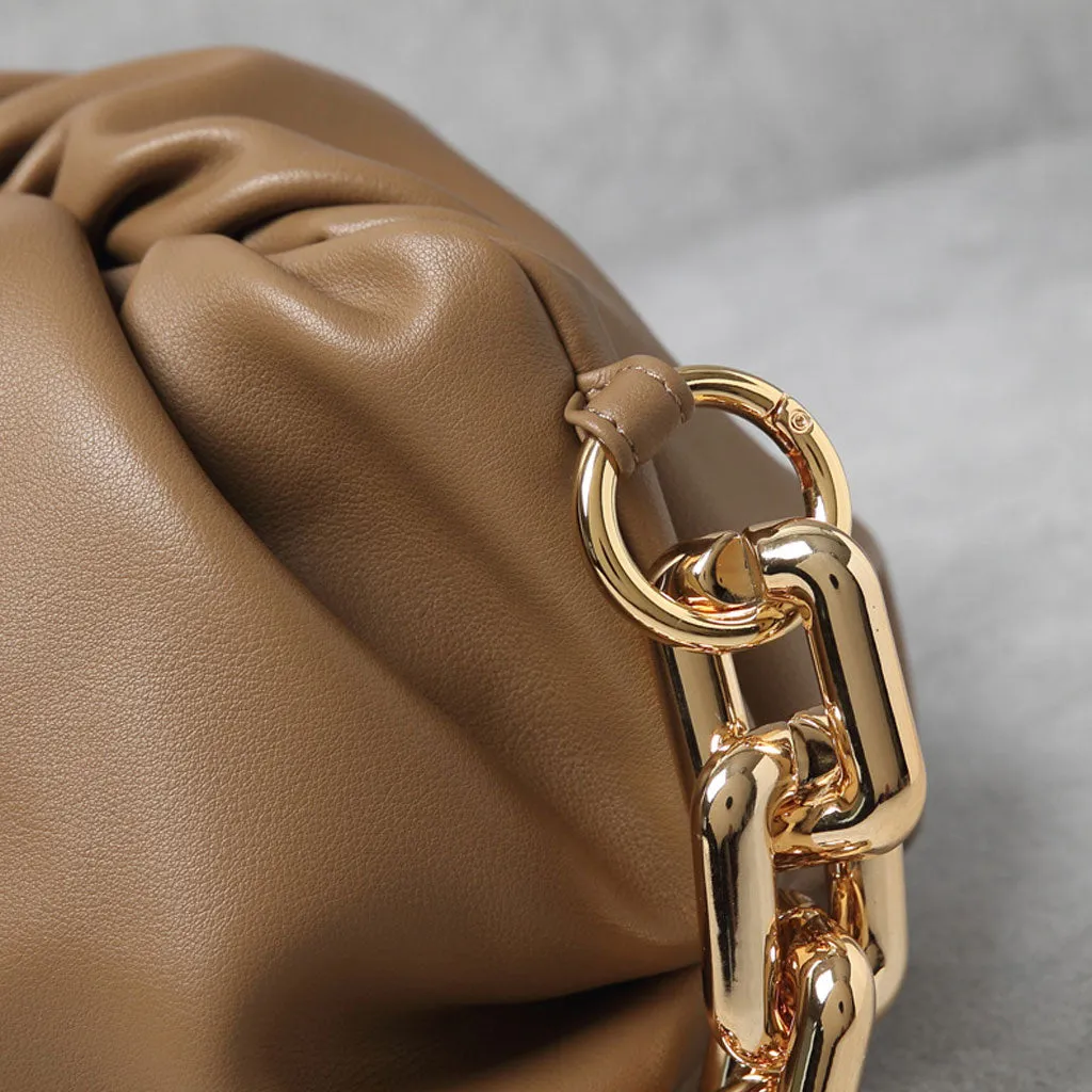 Chunky Chain Link Gathered Leather Cloud Clutch Bag - Coffee