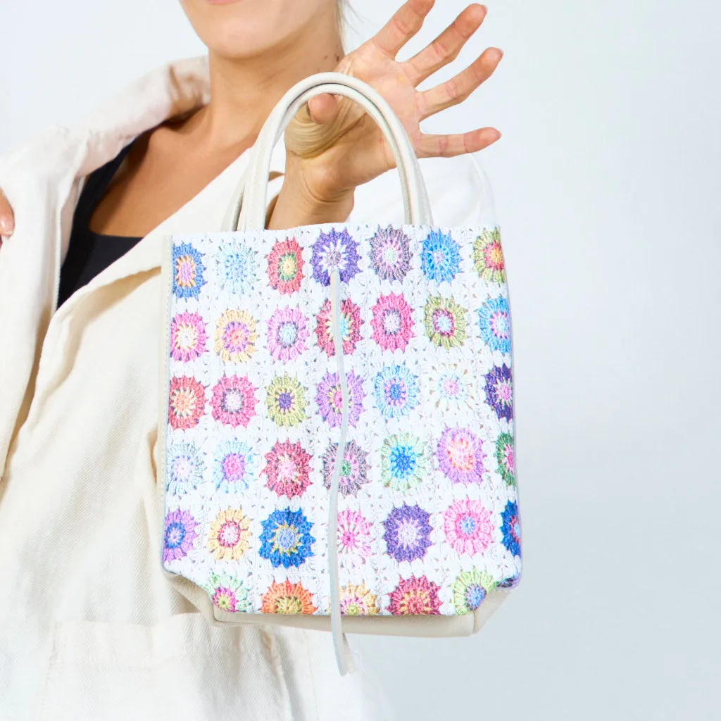 Colorful crochet pattern tote bags with metallic handles wholesale