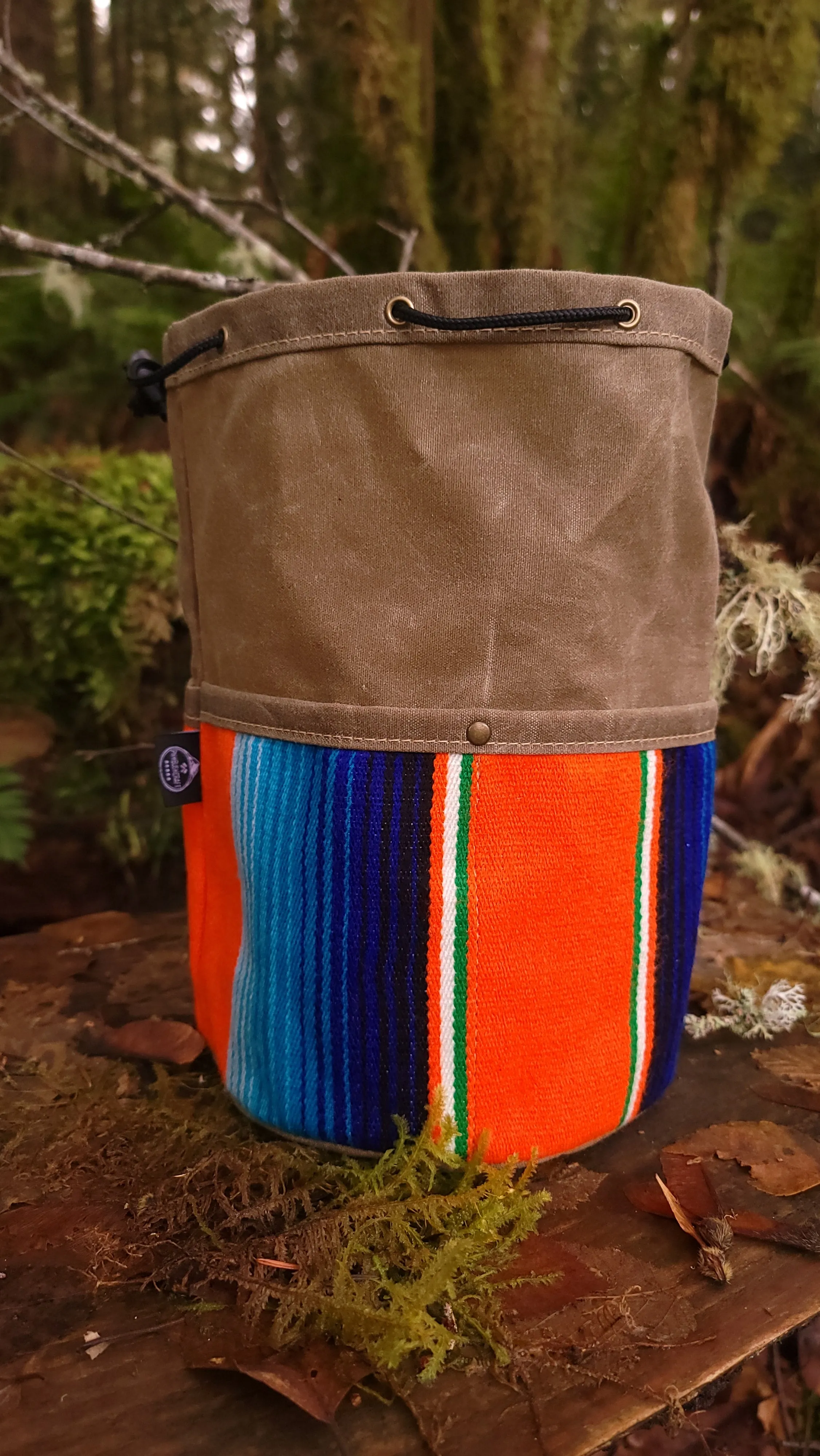 Colorful Waxed Canvas Cedar Bucket Bag with Outside Pockets.