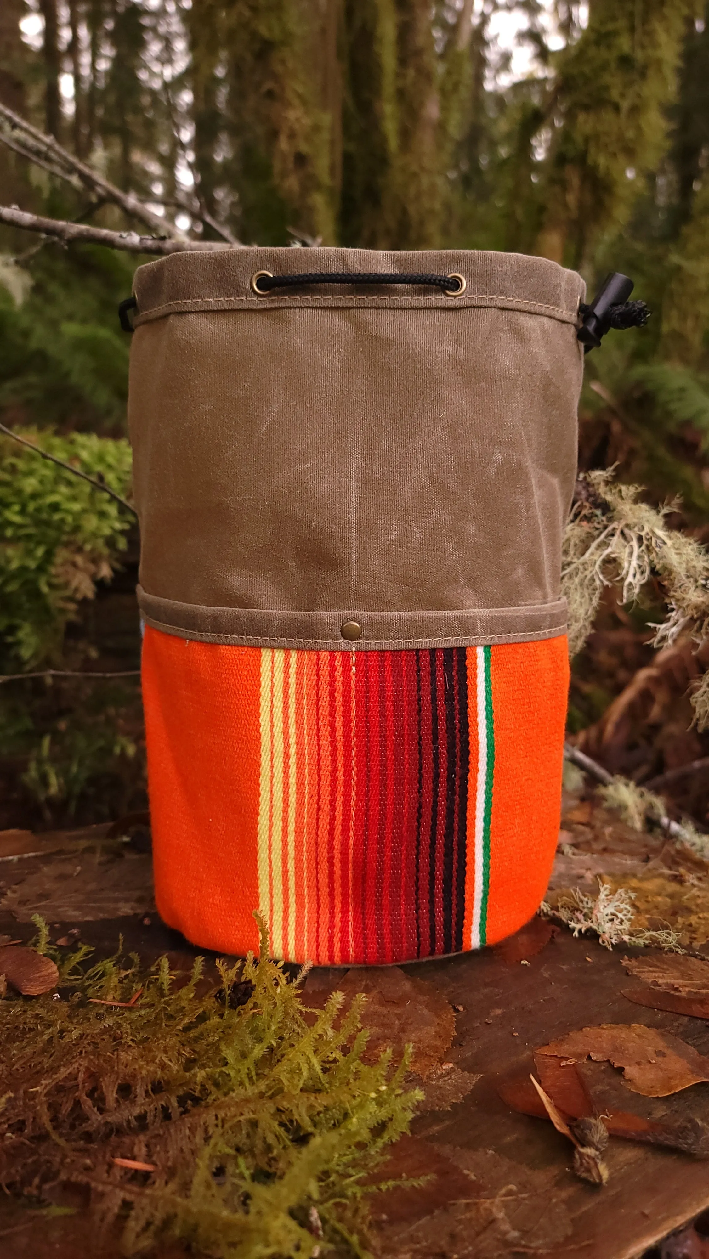 Colorful Waxed Canvas Cedar Bucket Bag with Outside Pockets.