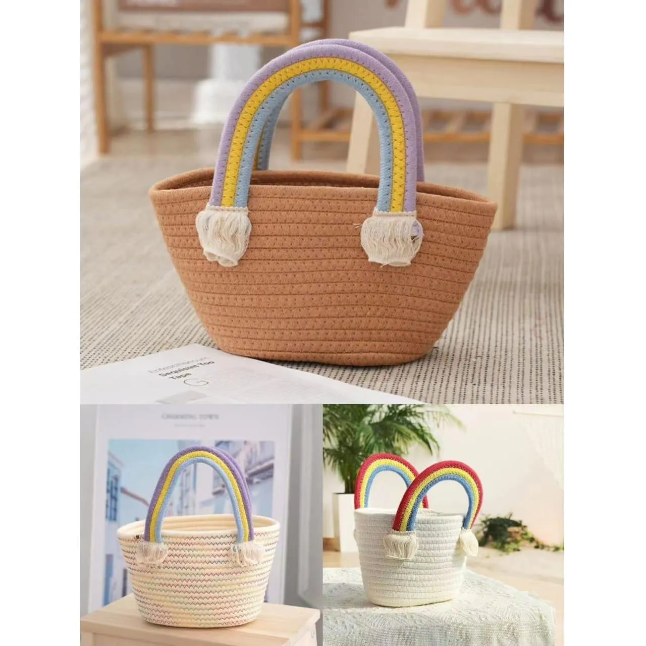 Cute Rainbow Handle Rope Vacation Handbag.