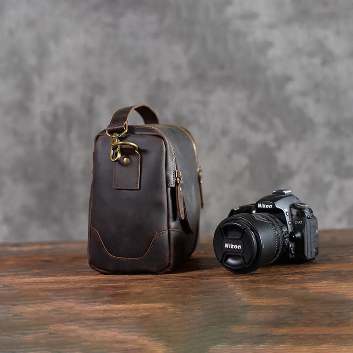 Dazzlo Rustic Leather Camera Bag - Coffee - 8"