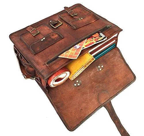 DHKFashion™ Handmade Leather 14-16" Laptop Crossbody Messenger Distressed Briefcase