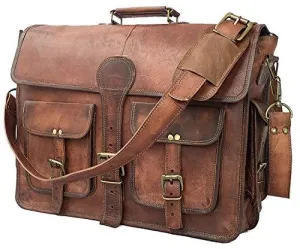 DHKFashion™ Handmade Leather 14-16" Laptop Crossbody Messenger Distressed Briefcase