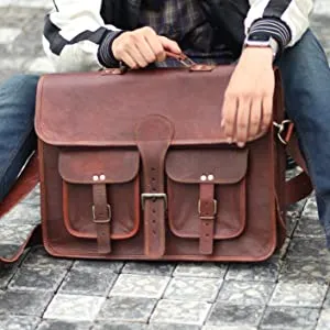 DHKFashion™ Handmade Leather 14-16" Laptop Crossbody Messenger Distressed Briefcase