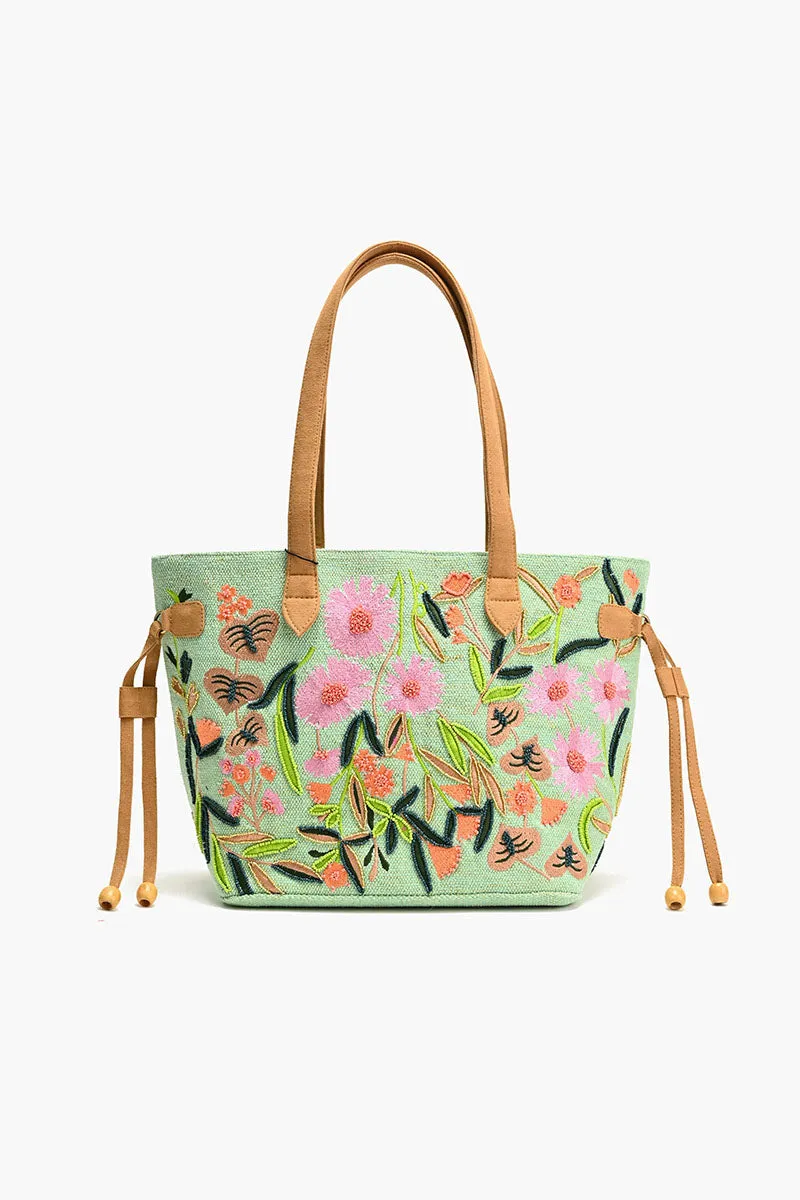 Embroidered Beaded Tote-Sage Floral