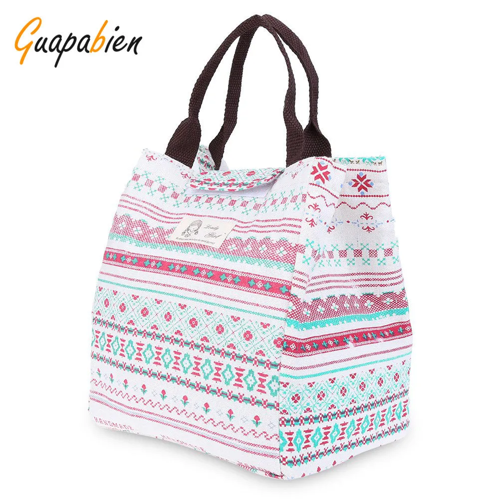 Guapabien Lunch Bag Colorful Women Bag Heat Preservation Cold Insulation Waterproof Canvas Handbag Tote Food Picnic Bag