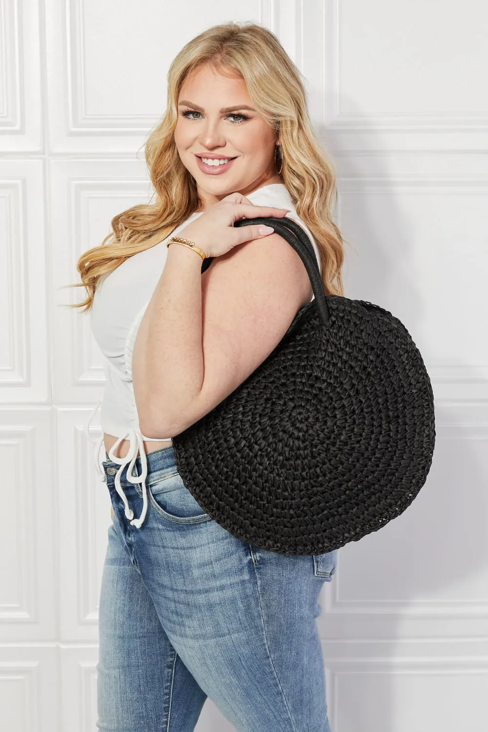 Justin Taylor Beach Date Straw Rattan Handbag in Black