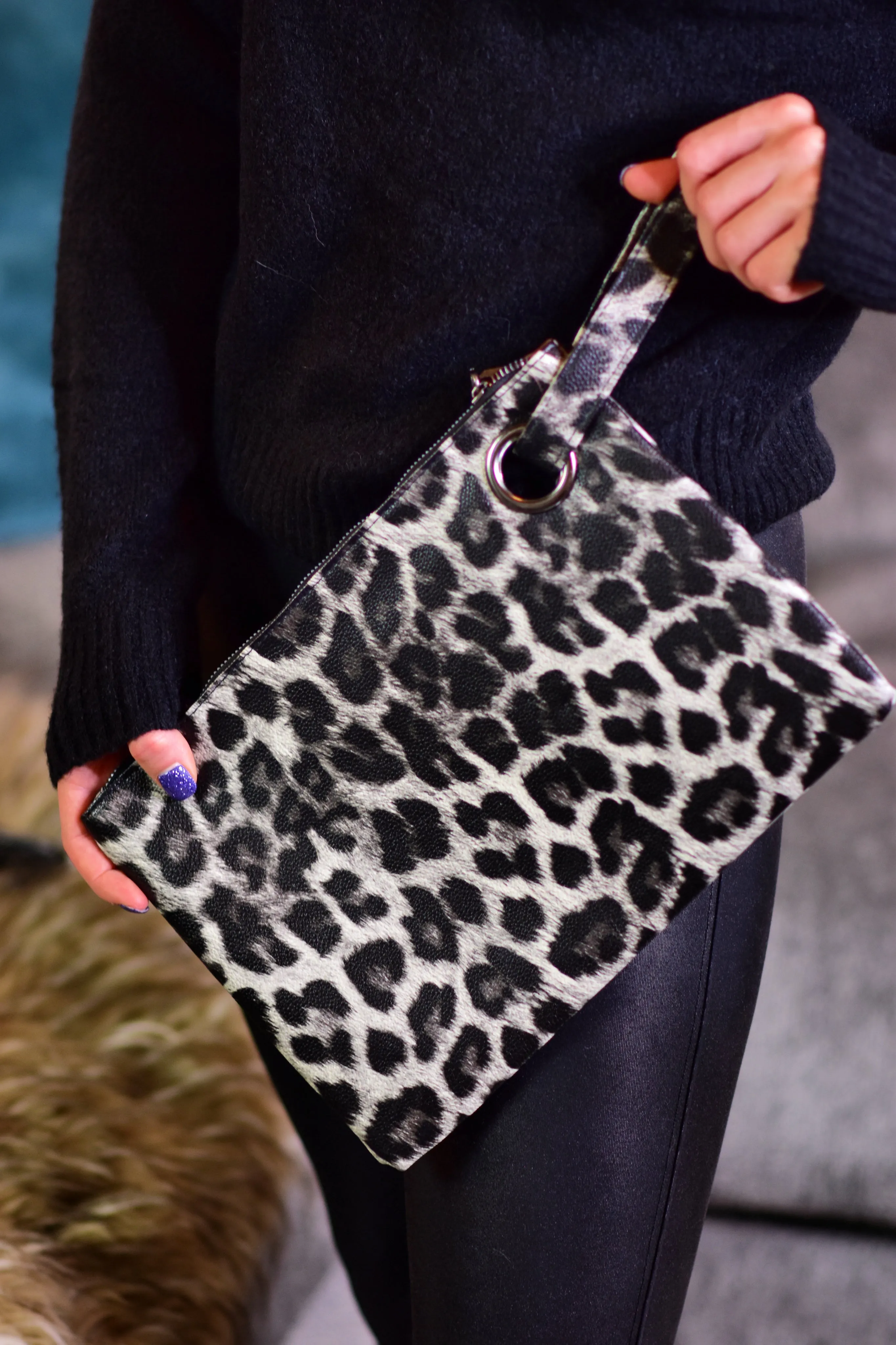 Leopard Print Wristlet Clutch - Gray