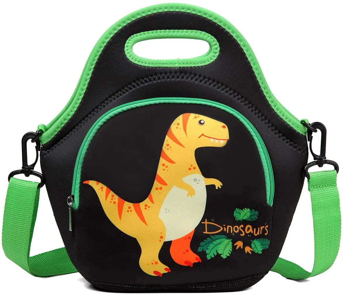 Lunch Bag for Boys, Chasechic Cute Lightweight Neoprene Insulated Lunch Boxes Tote with Detachable Adjustable Shoulder Strap 3-18Years Black Dinosaur