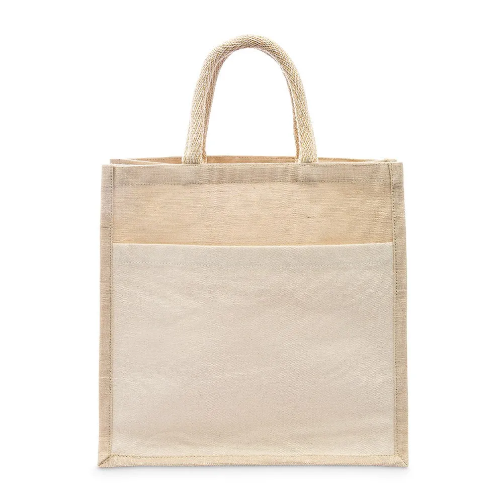 MEDIUM REUSABLE WOVEN JUTE TOTE BAG WITH POCKET