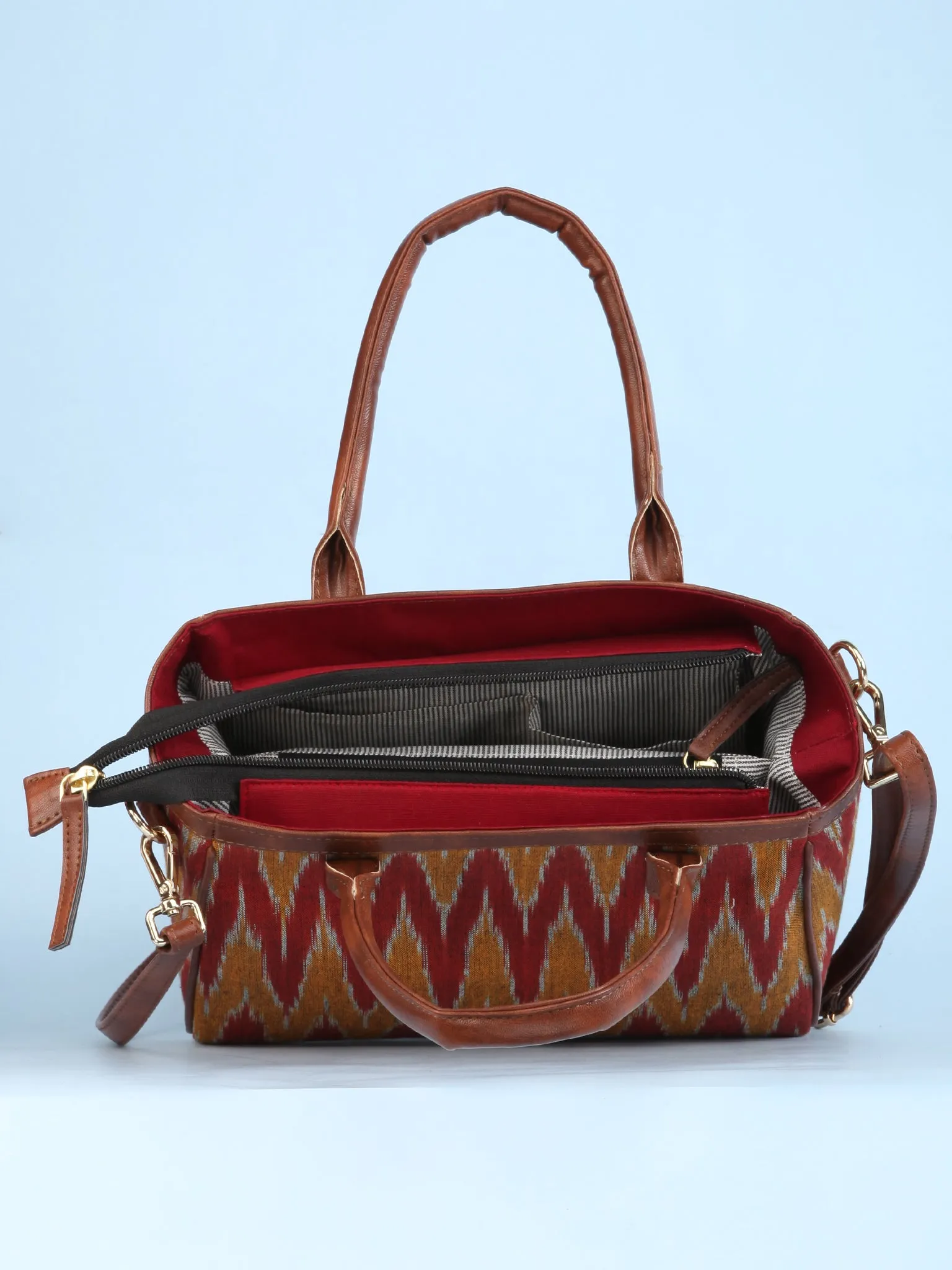 Mustard Rustic Ikat & Vegan Leather Bucket Style Hand Bag - B1507