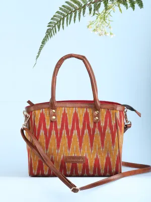 Mustard Rustic Ikat & Vegan Leather Bucket Style Hand Bag - B1507