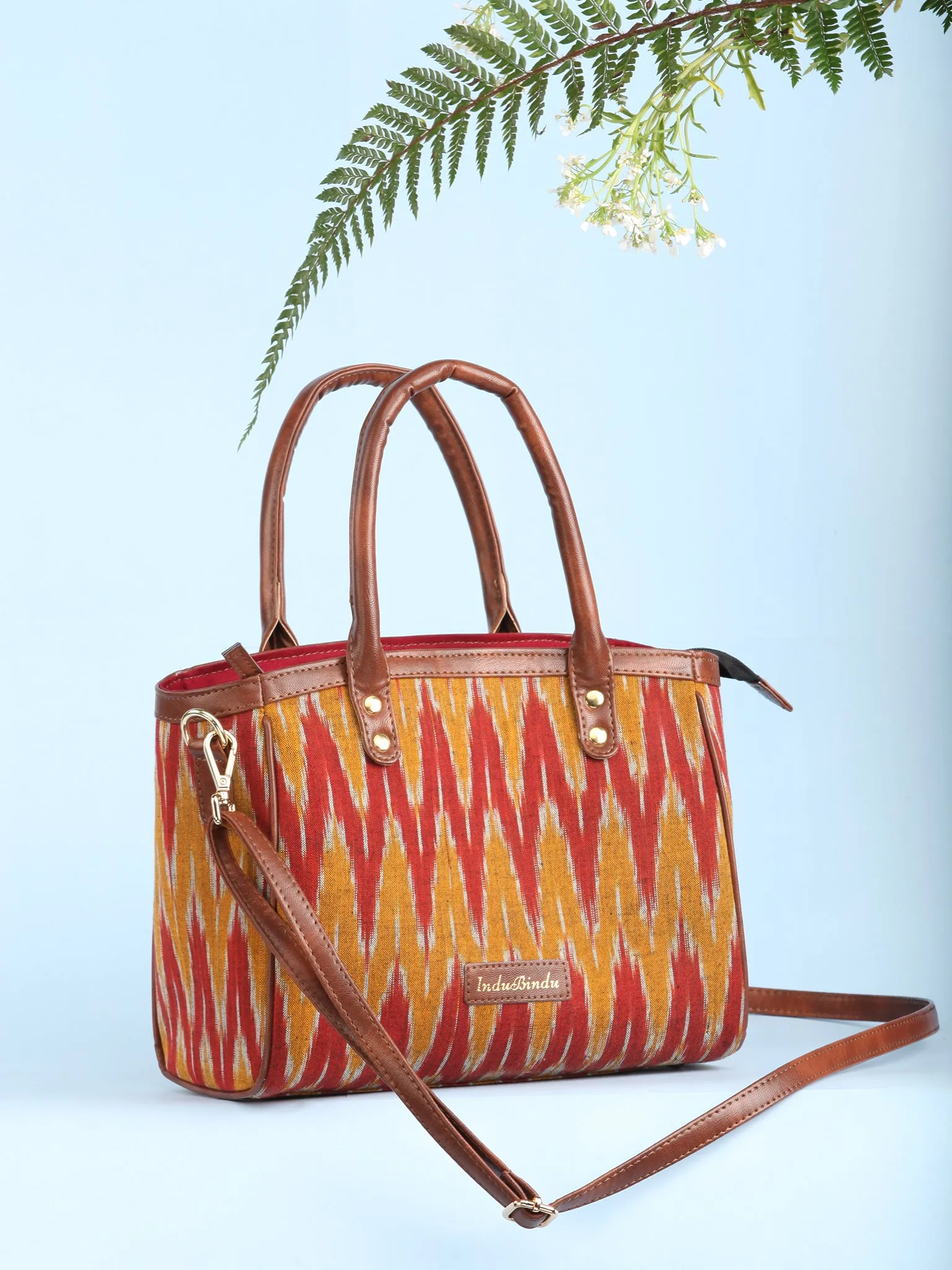 Mustard Rustic Ikat & Vegan Leather Bucket Style Hand Bag - B1507