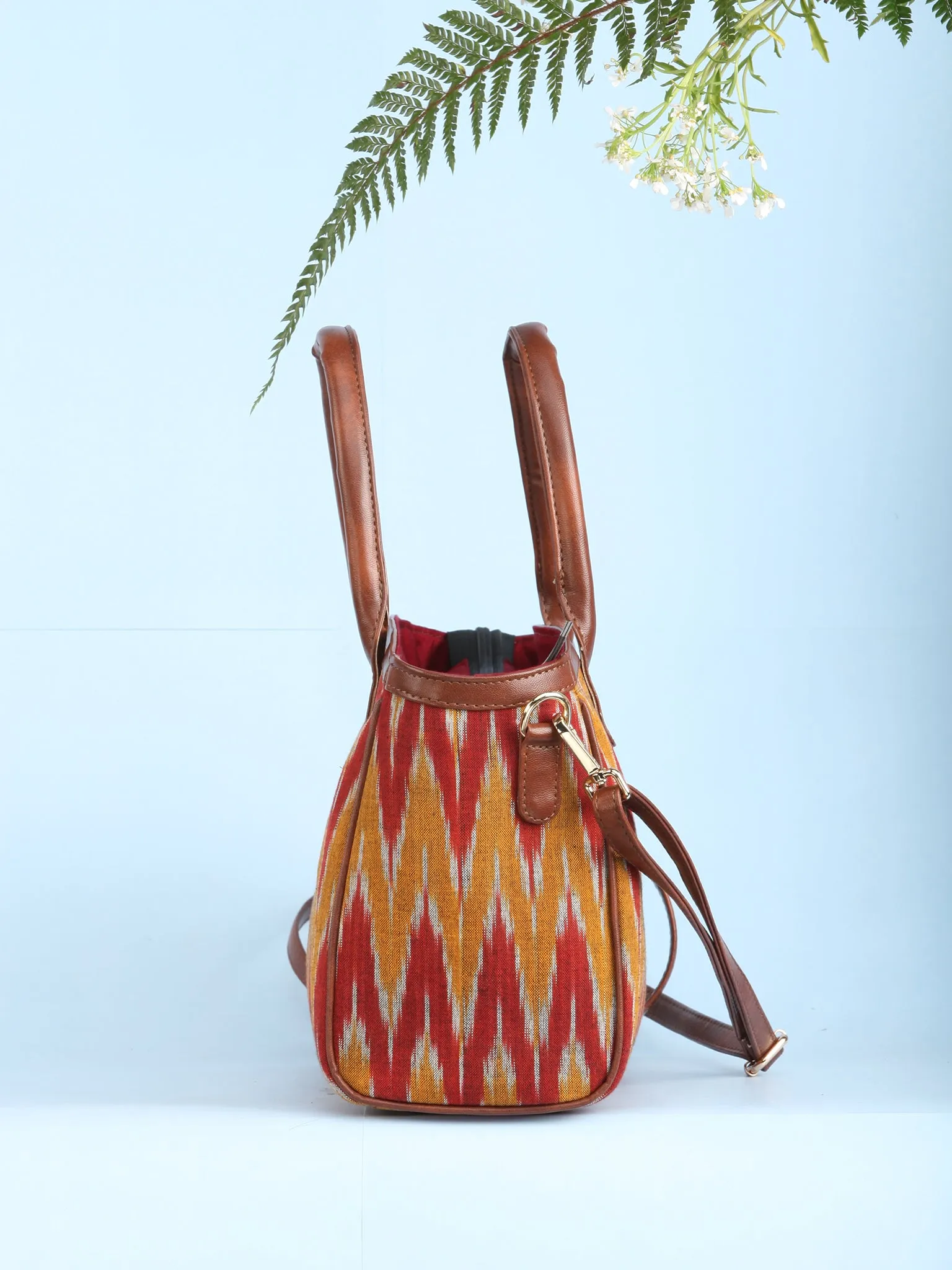 Mustard Rustic Ikat & Vegan Leather Bucket Style Hand Bag - B1507