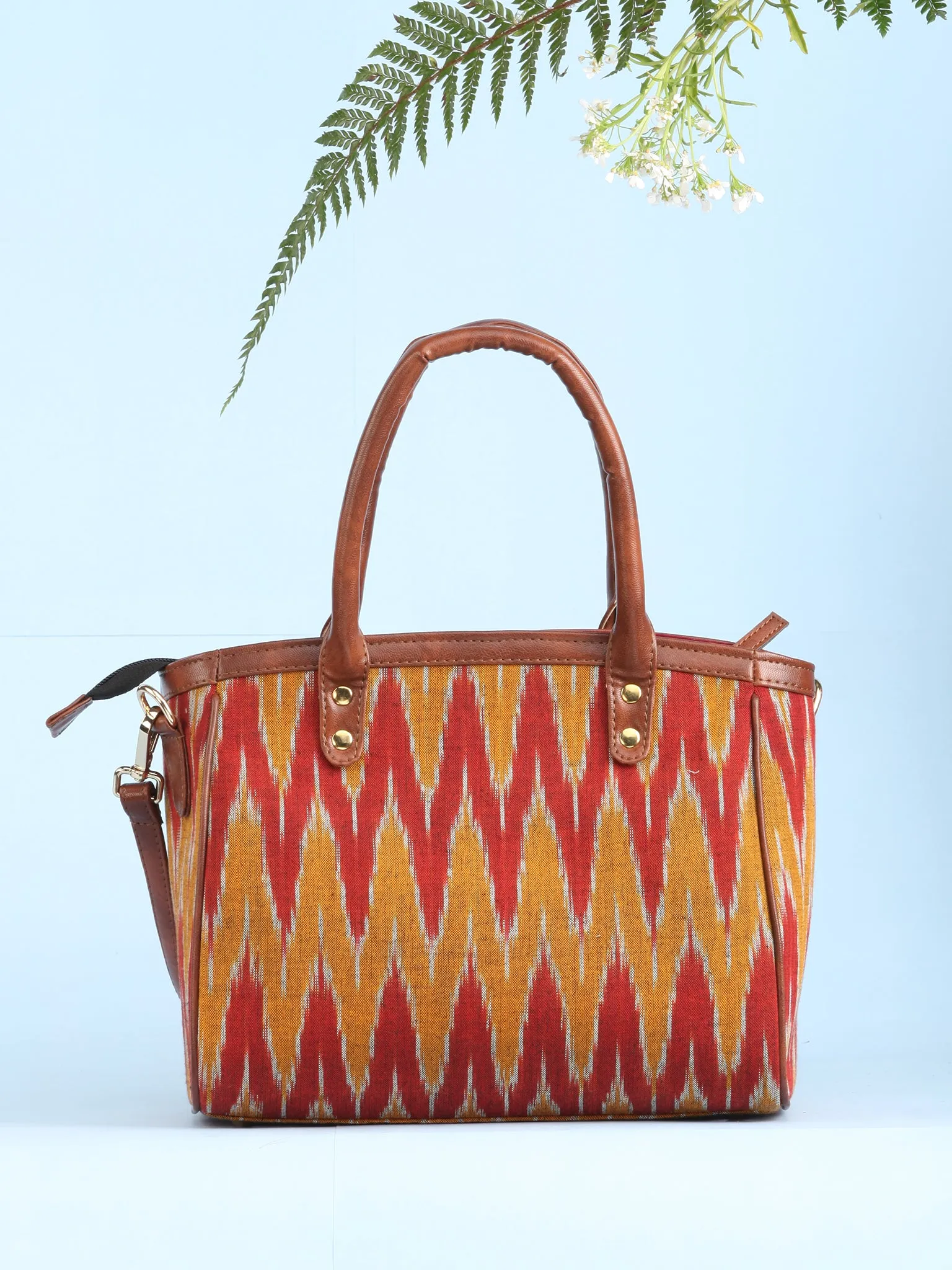 Mustard Rustic Ikat & Vegan Leather Bucket Style Hand Bag - B1507