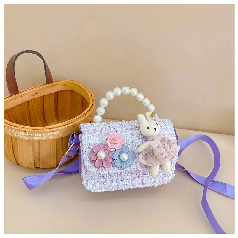 New Girl Bag Pearl  Style Portable Trendy Bag Woolen Flower Fashion Girl Princess Crossbody Bag