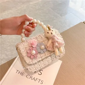 New Girl Bag Pearl  Style Portable Trendy Bag Woolen Flower Fashion Girl Princess Crossbody Bag